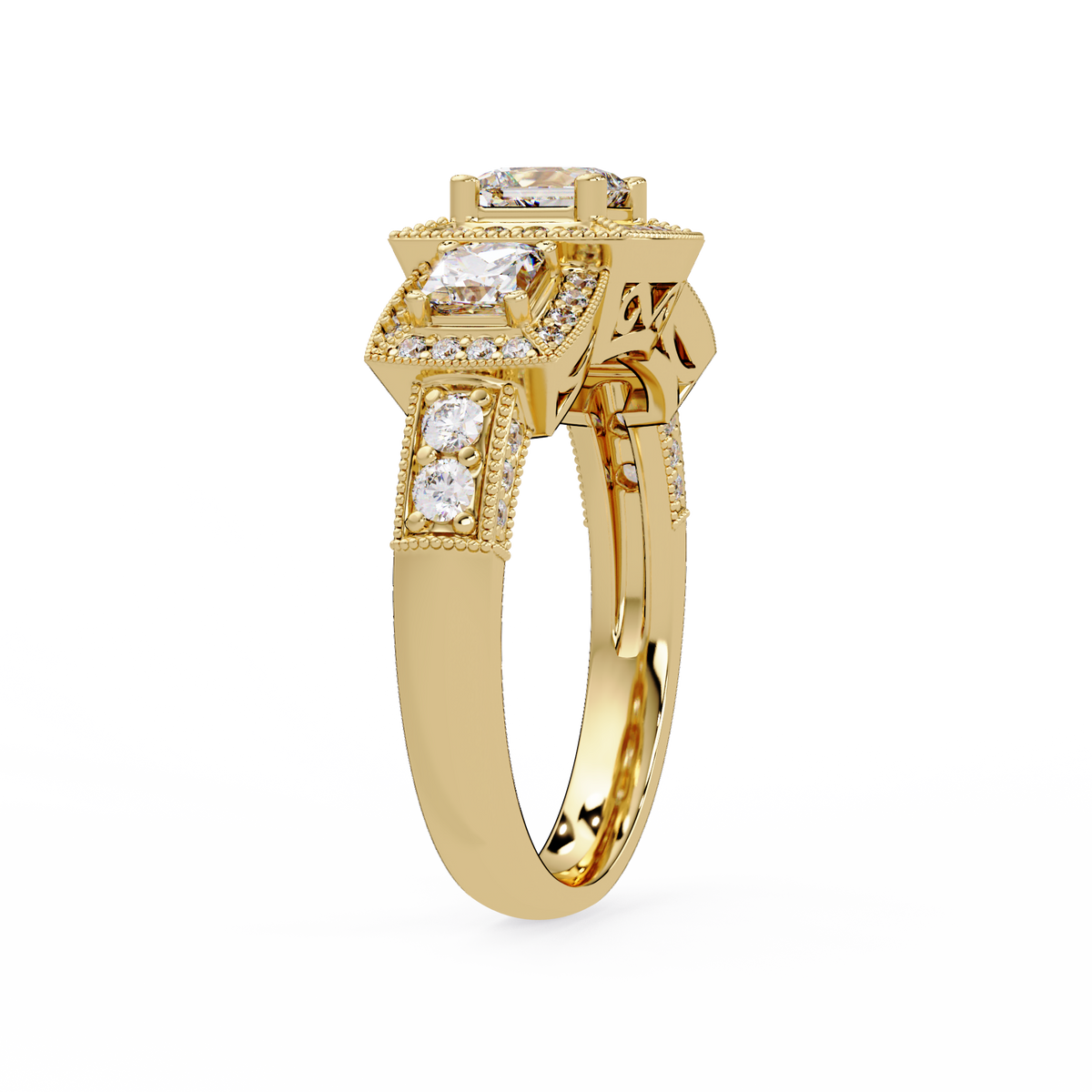 Three Stone Princess Cut Lab Grown Diamond Halo Accent Ring - HIGHCARAT DIAMONDS