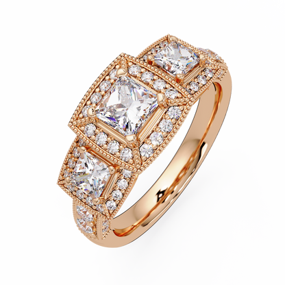 Three Stone Princess Cut Lab Grown Diamond Halo Accent Ring - HIGHCARAT DIAMONDS