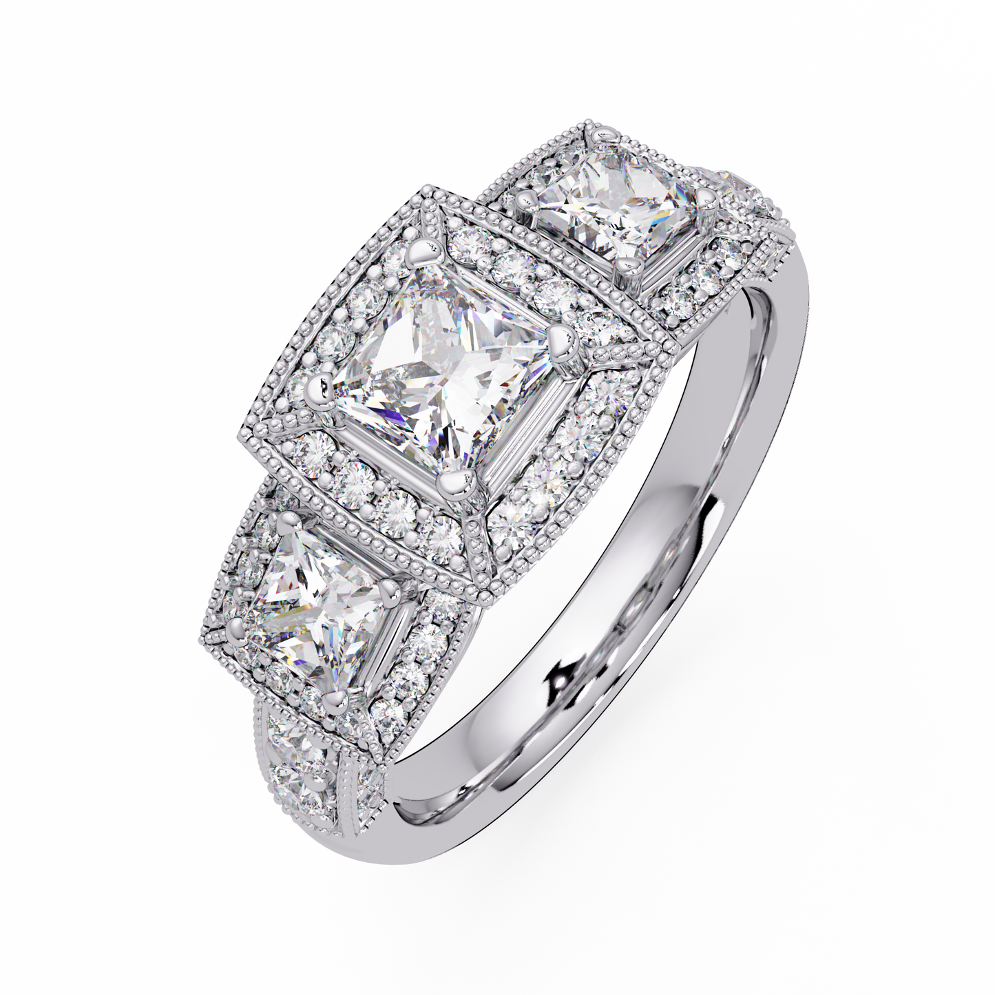 Three Stone Princess Cut Lab Grown Diamond Halo Accent Ring - HIGHCARAT DIAMONDS