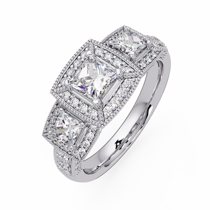 Three Stone Princess Cut Lab Grown Diamond Halo Accent Ring - HIGHCARAT DIAMONDS