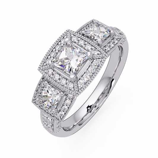 Three Stone Princess Cut Lab Grown Diamond Halo Accent Ring - HIGHCARAT DIAMONDS