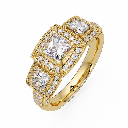 Three Stone Princess Cut Lab Grown Diamond Halo Accent Ring - HIGHCARAT DIAMONDS