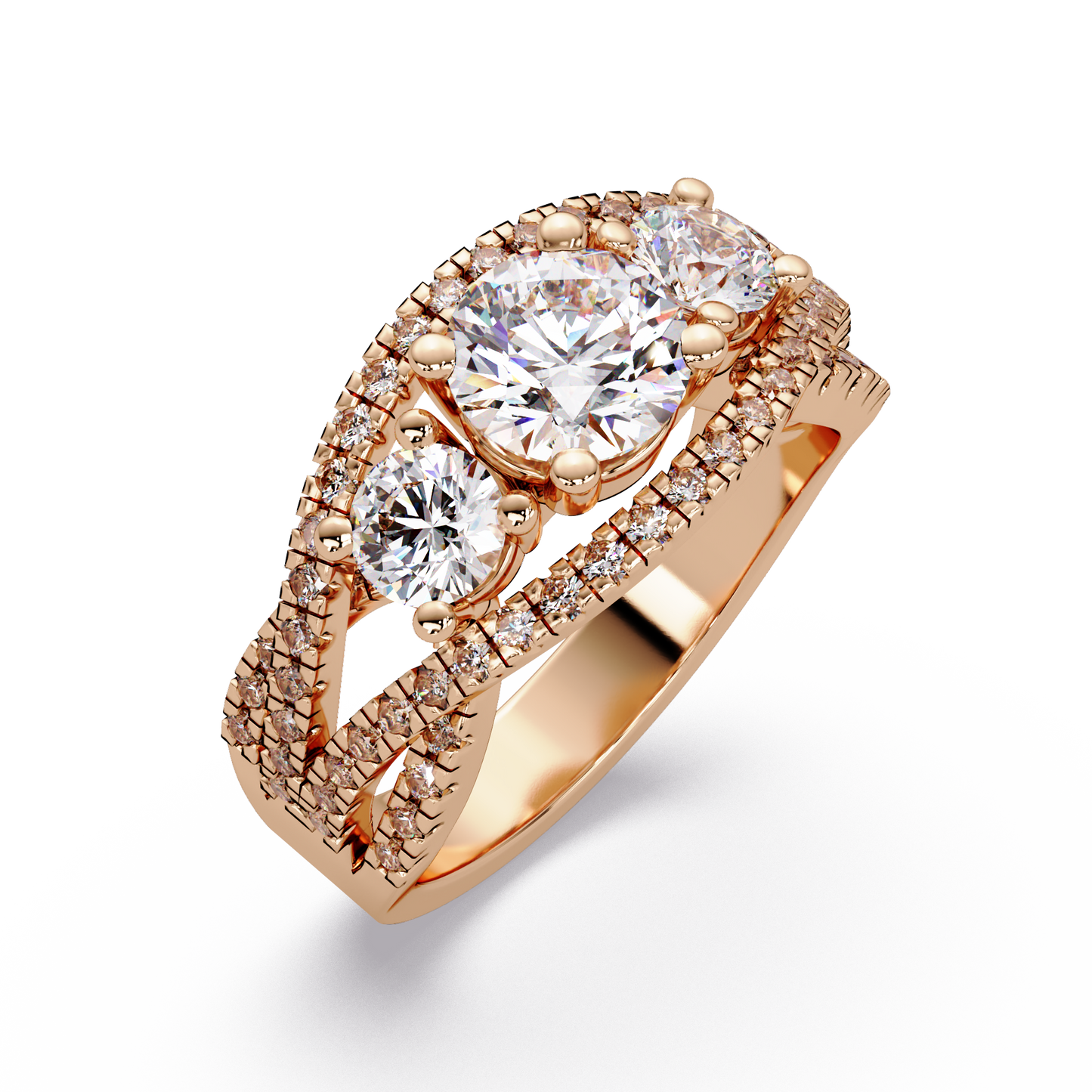 Three Stone Round Lab Grown Diamond Double band twisted Ring - HIGHCARAT DIAMONDS