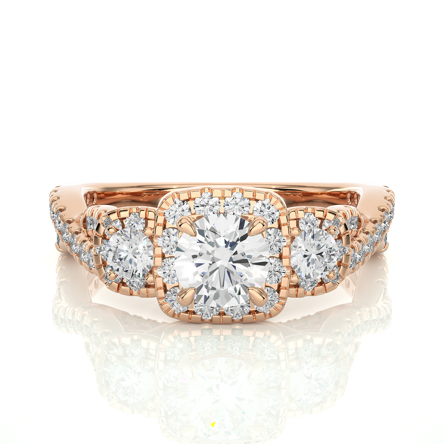 Front view of three stone round lab grown diamond halo engagement ring
