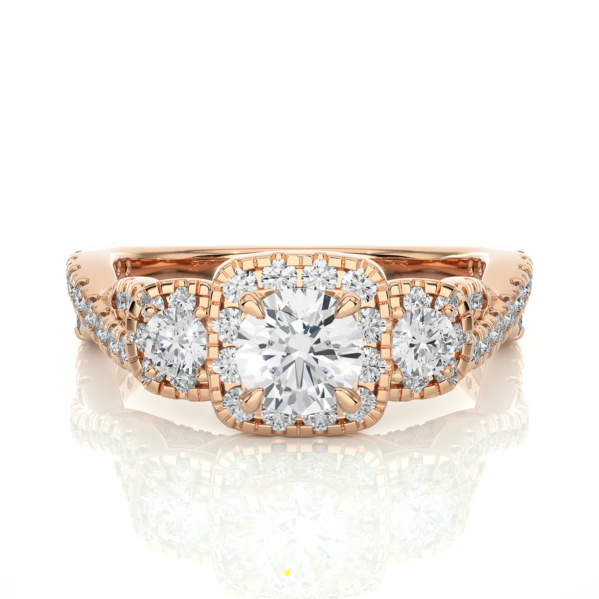 Front view of three stone round lab grown diamond halo engagement ring