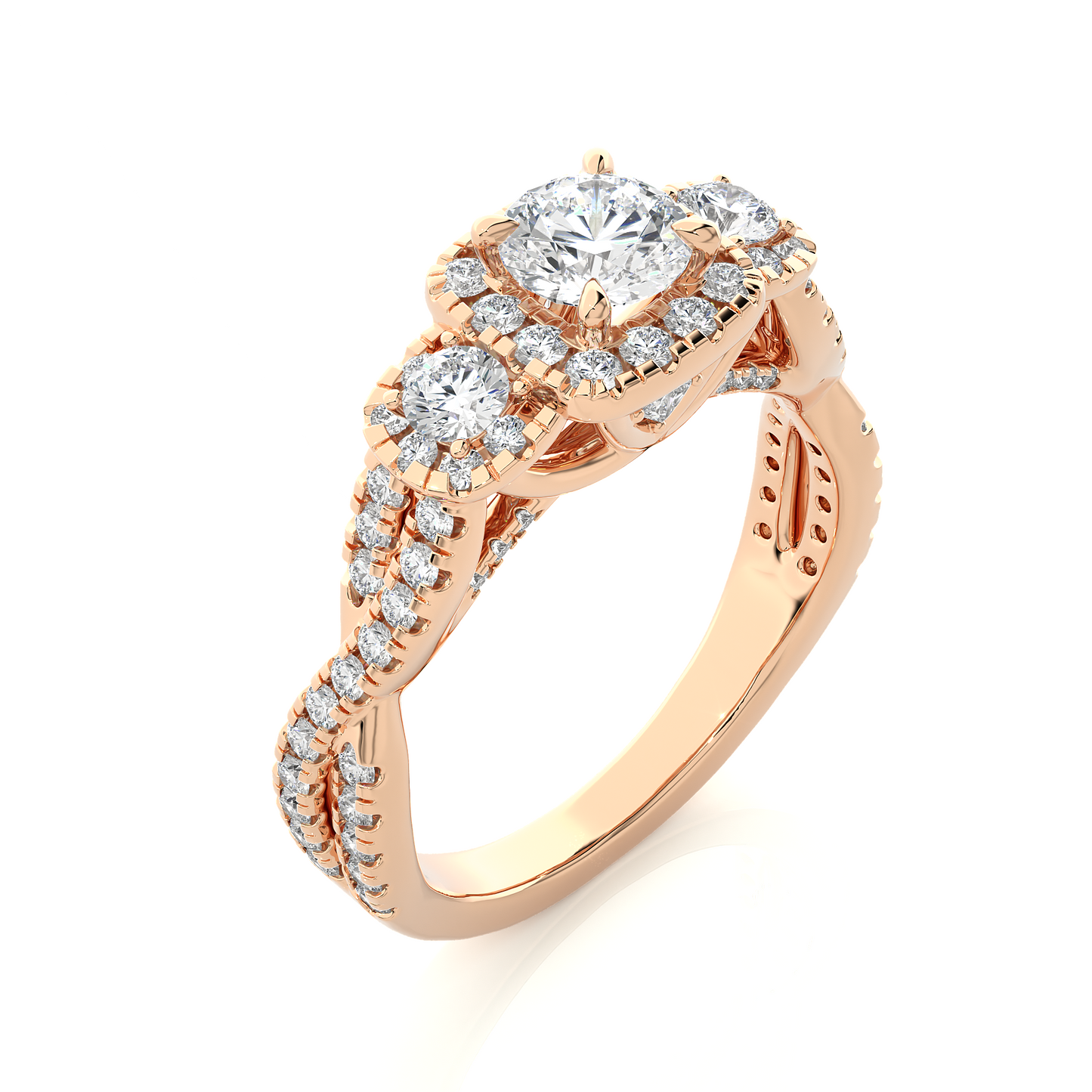 Close up of round cut halo engagement ring with side stones