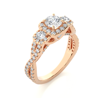 Close up of round cut halo engagement ring with side stones