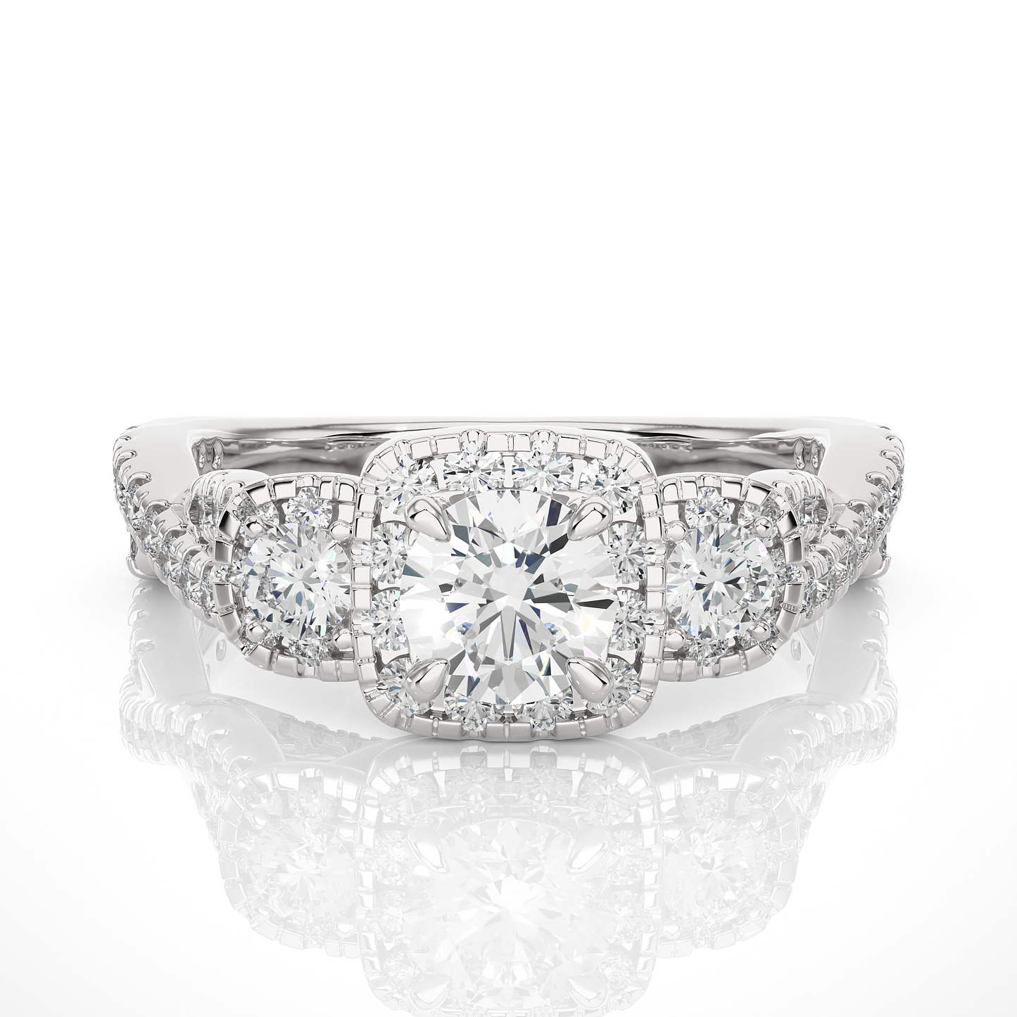Elegant three stone halo ring with round center diamond