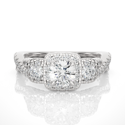 Elegant three stone halo ring with round center diamond