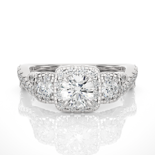 Elegant three stone halo ring with round center diamond