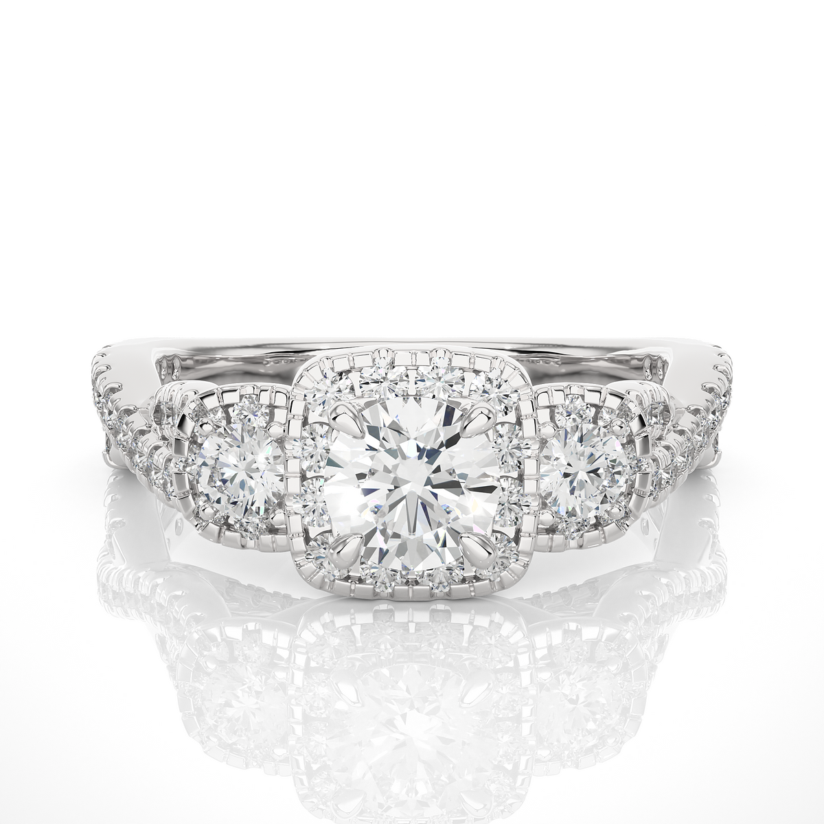 Elegant three stone halo ring with round center diamond