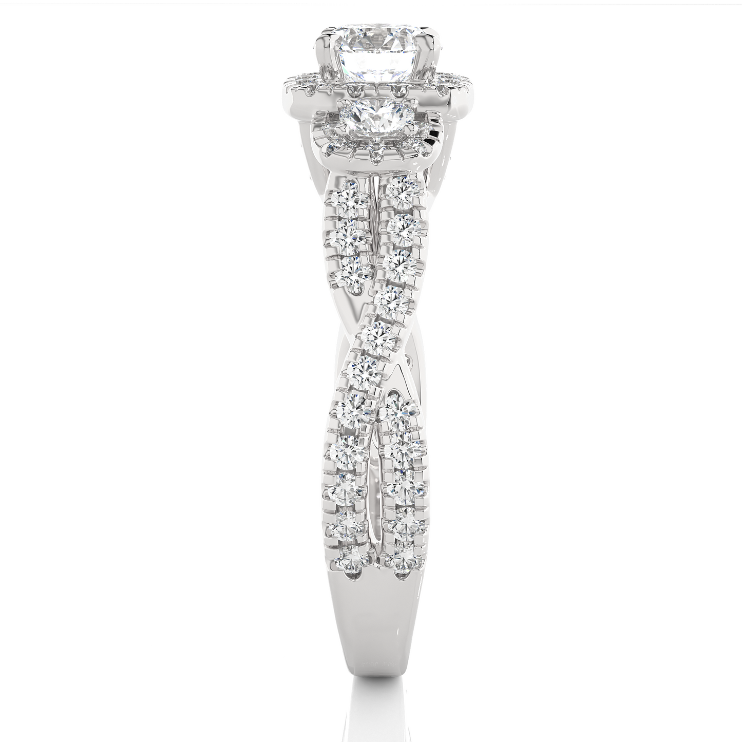 Classic three stone diamond ring with sparkling halo accents