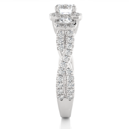 Classic three stone diamond ring with sparkling halo accents