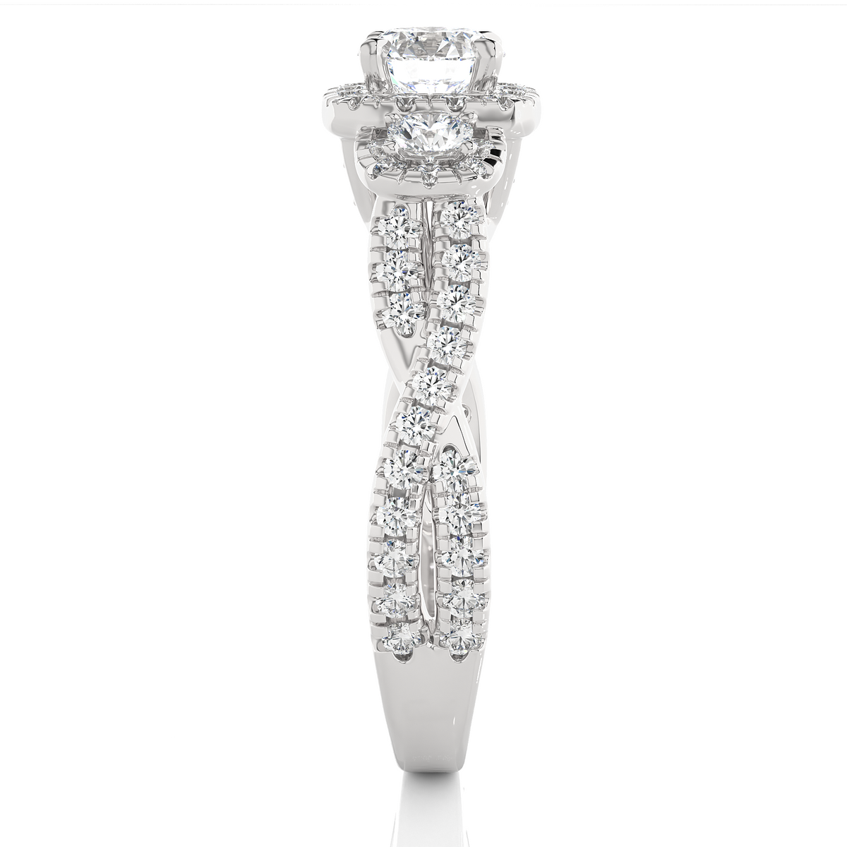 Classic three stone diamond ring with sparkling halo accents