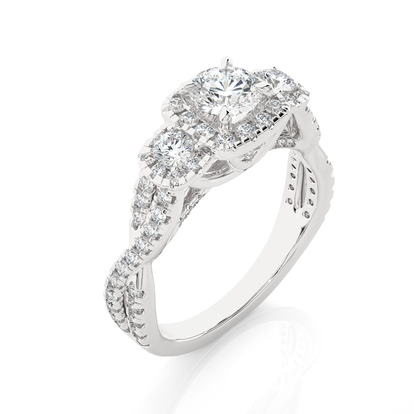 Romantic three stone engagement ring with vintage inspired halo