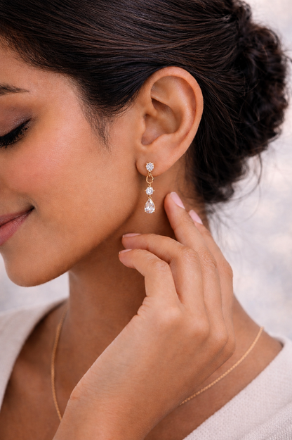 Three Stone White Gold Prong Set Drops Lab Grown Earring - HIGHCARAT DIAMONDS