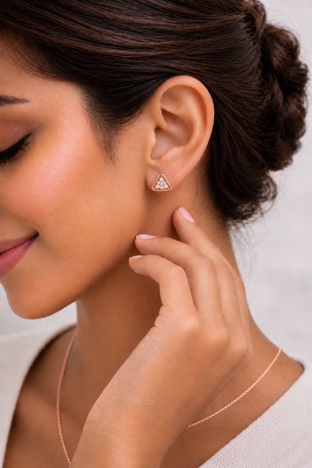 Triangle Shape Lab Grown Pear & Round Diamond Stud Earring - HIGHCARAT DIAMONDS