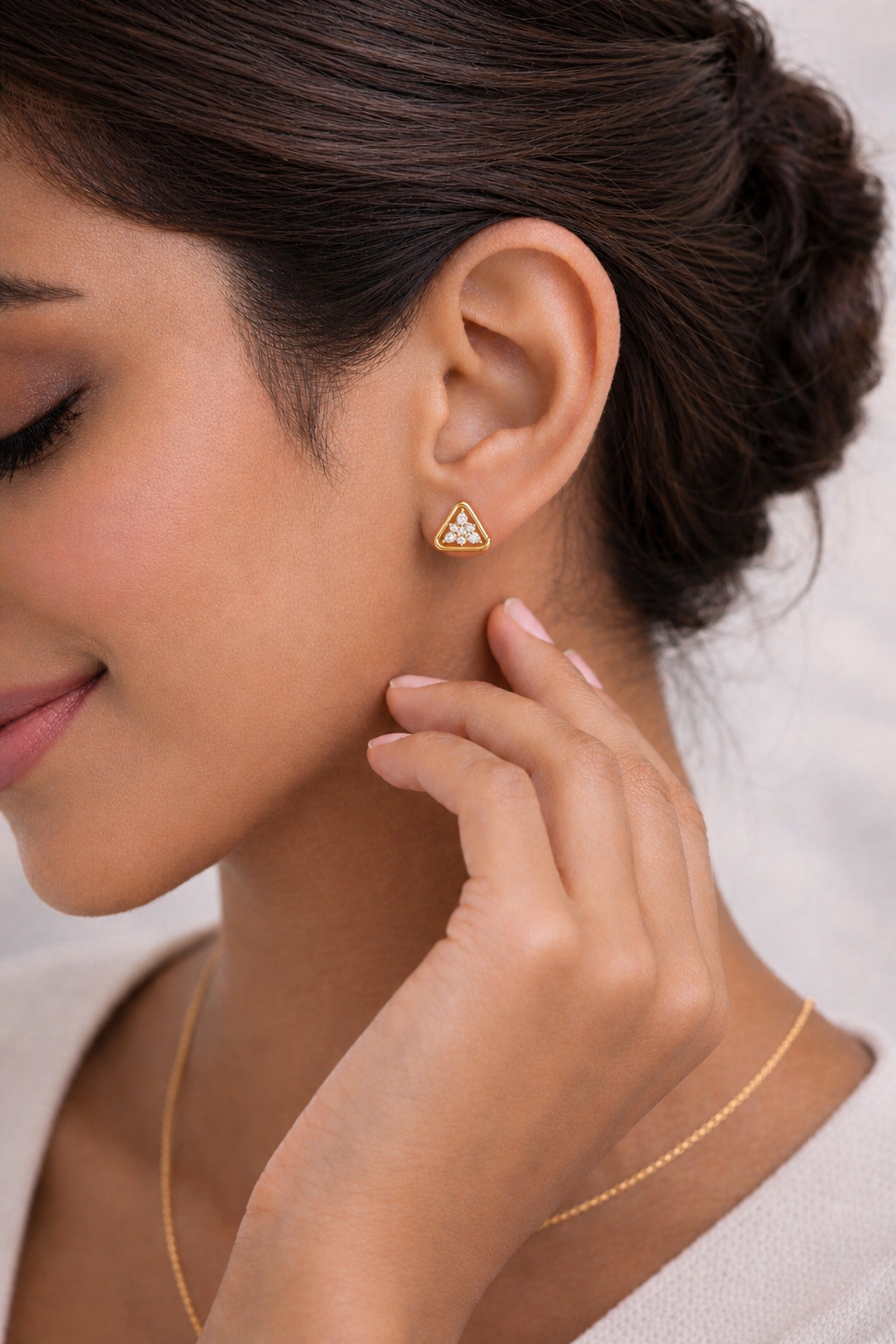 Triangle Shape Lab Grown Pear & Round Diamond Stud Earring - HIGHCARAT DIAMONDS