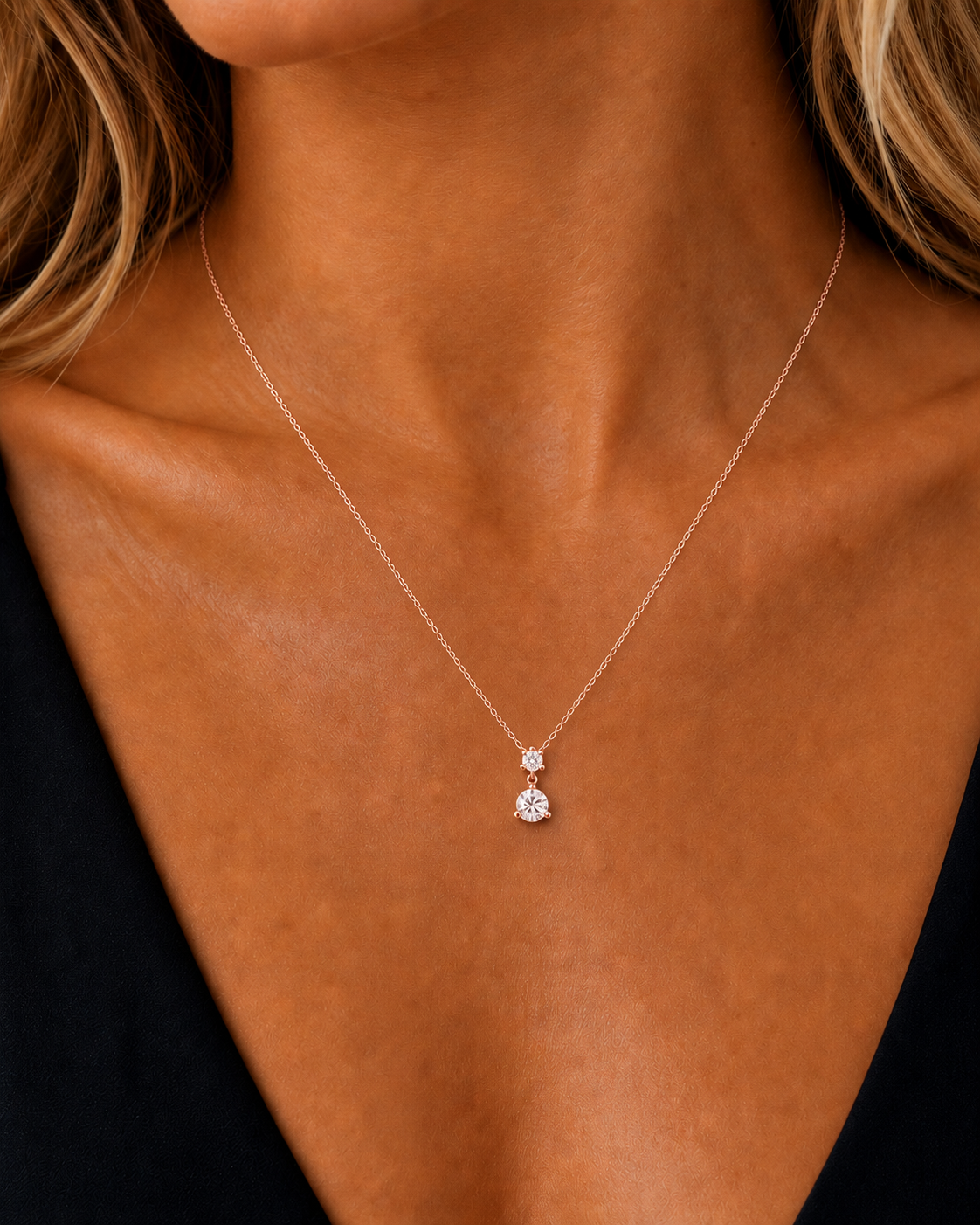 Two Round Solitaire Prong Set Lab Grown Rose Gold Diamond Pendant - HIGHCARAT DIAMONDS