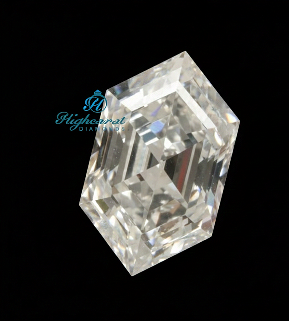 Unique Hexagon Shape Step Cut Lab Grown Diamond featuring structured geometry and mirror like faceting