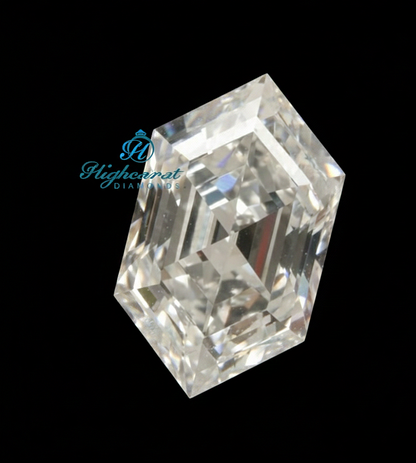 Unique Hexagon Shape Step Cut Lab Grown Diamond featuring structured geometry and mirror like faceting
