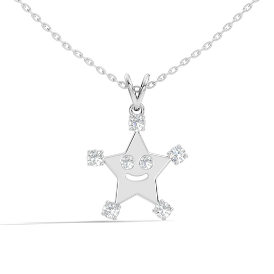 Unique Round Cut Diamond Smiley Star Pendant  Eco-Friendly Gift In 14K White Gold