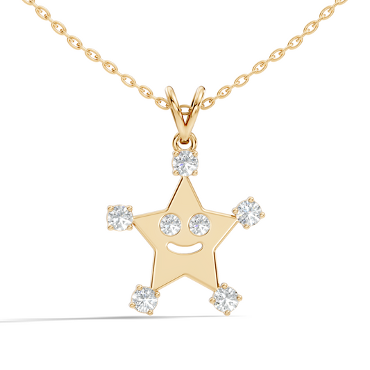 Unique Round Cut Diamond Smiley Star Pendant  Eco-Friendly Gift In 14K White Gold