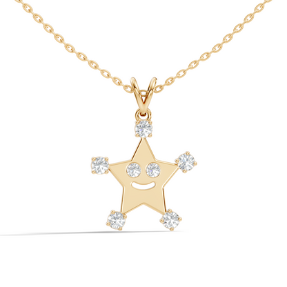 Unique Round Cut Diamond Smiley Star Pendant  Eco-Friendly Gift In 14K White Gold