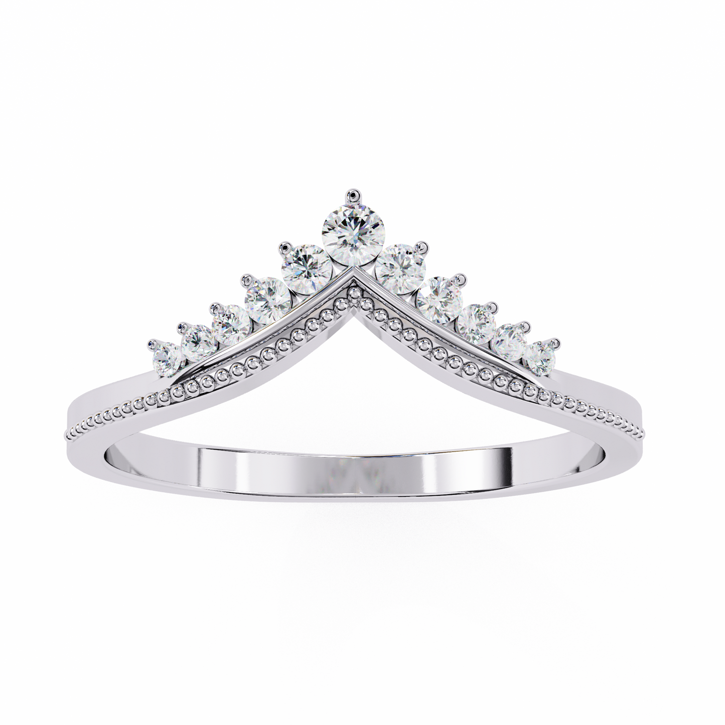 Front view of V shaped round lab grown diamond cluster band in white gold
