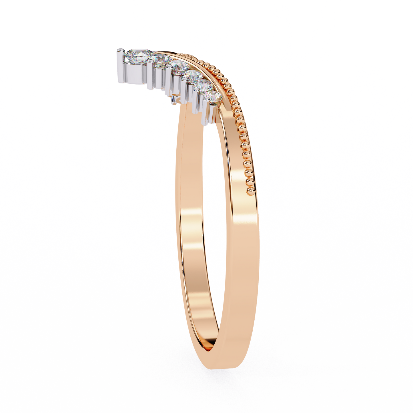 Side profile of V shaped diamond cluster band with beaded detailing