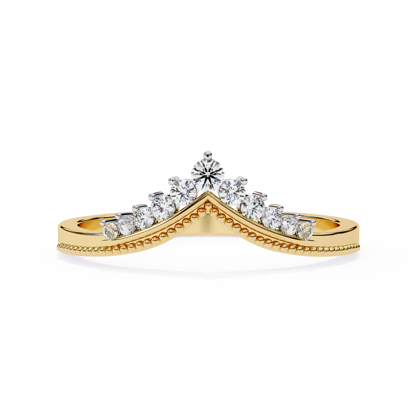 Angled view of V shaped round diamond cluster ring in white gold
