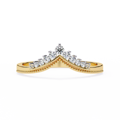 Angled view of V shaped round diamond cluster ring in white gold