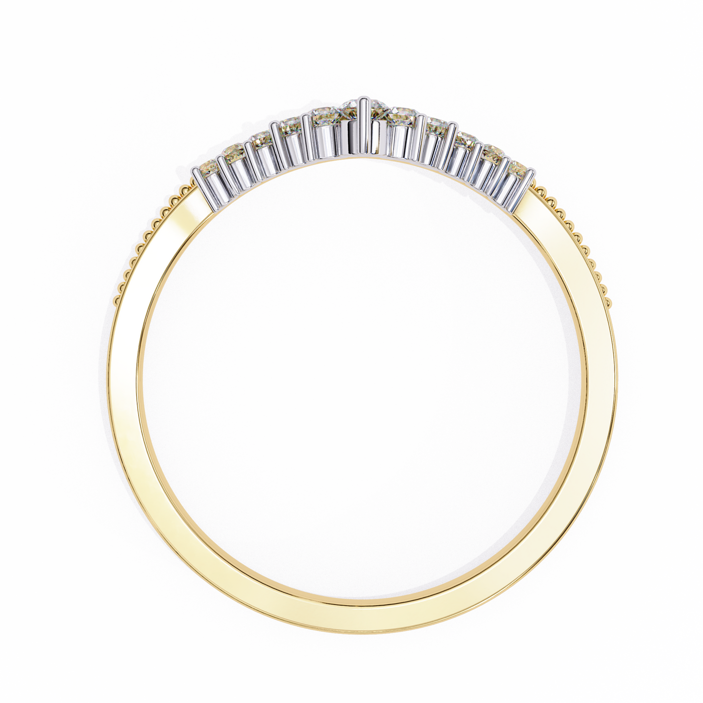 Close up of round cut lab diamonds on curved V shaped band