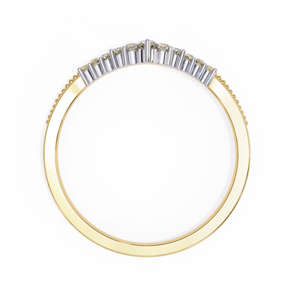 Close up of round cut lab diamonds on curved V shaped band