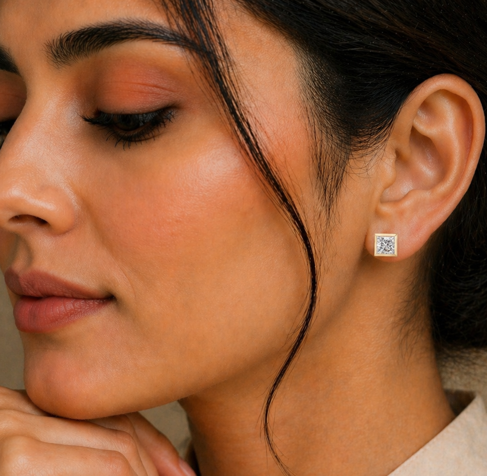 Vintage 1.00CT Princess Cut Lab Grown Diamond Elegant Dainty Bezel Set Stud Earring Gift For Her - HIGHCARAT DIAMONDS