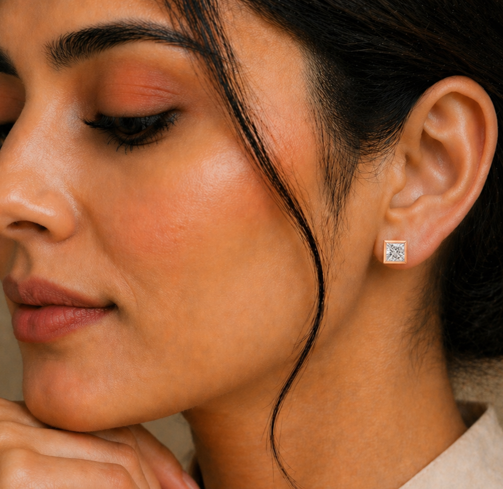 Vintage 1.00CT Princess Cut Lab Grown Diamond Elegant Dainty Bezel Set Stud Earring Gift For Her - HIGHCARAT DIAMONDS