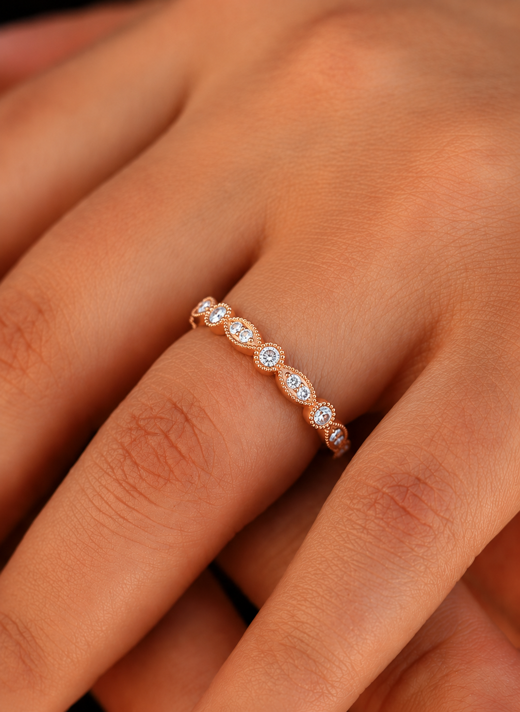 Vintage Art Deco Round Diamond Band Ring for Women In 14K Solid Gold Elegant Everyday Wear Ring - HIGHCARAT DIAMONDS