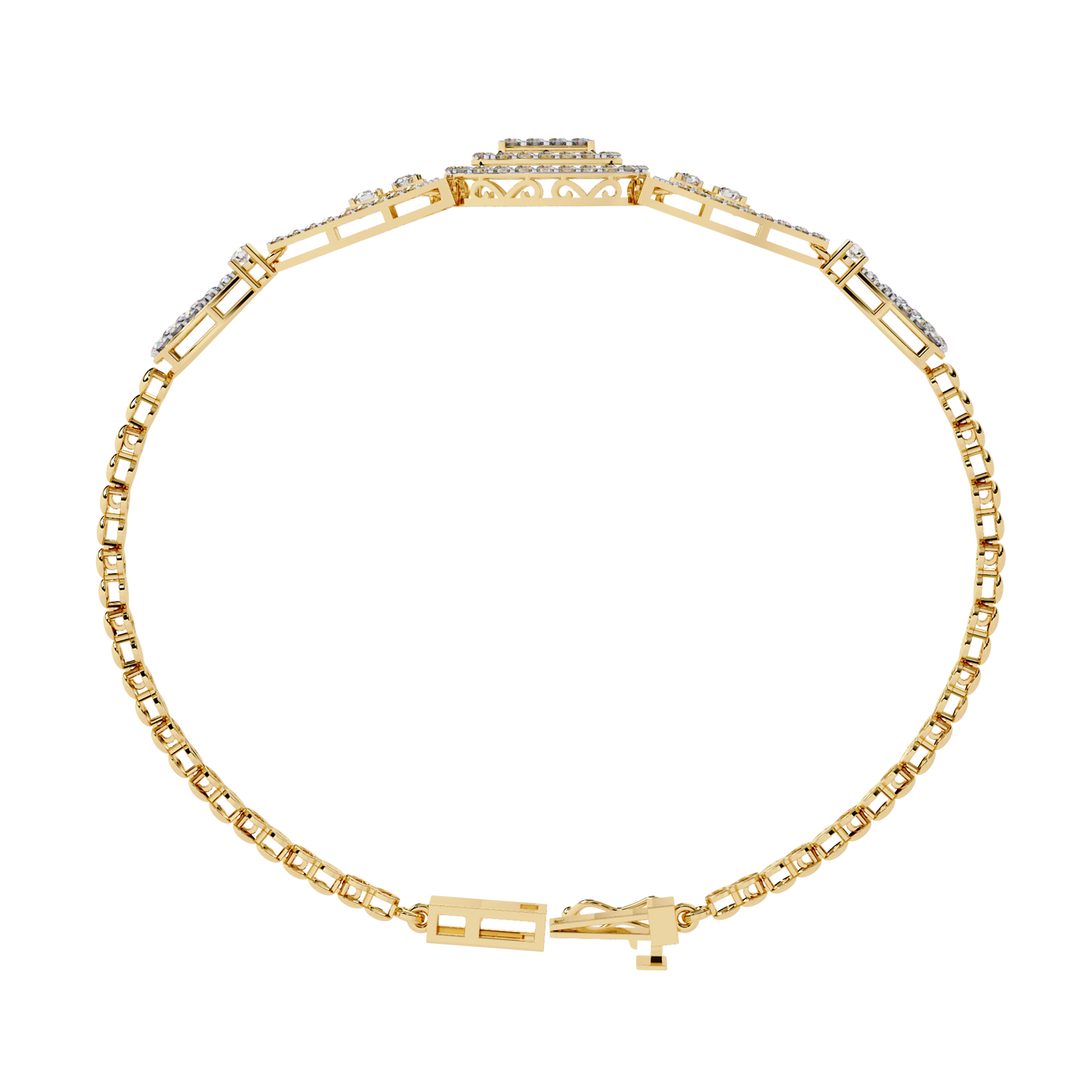 Angled view of vintage lab diamond cuff bracelet in white gold