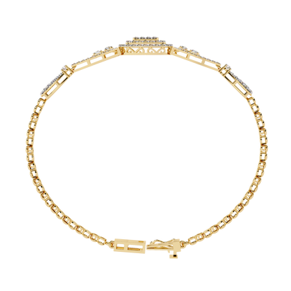 Angled view of vintage lab diamond cuff bracelet in white gold