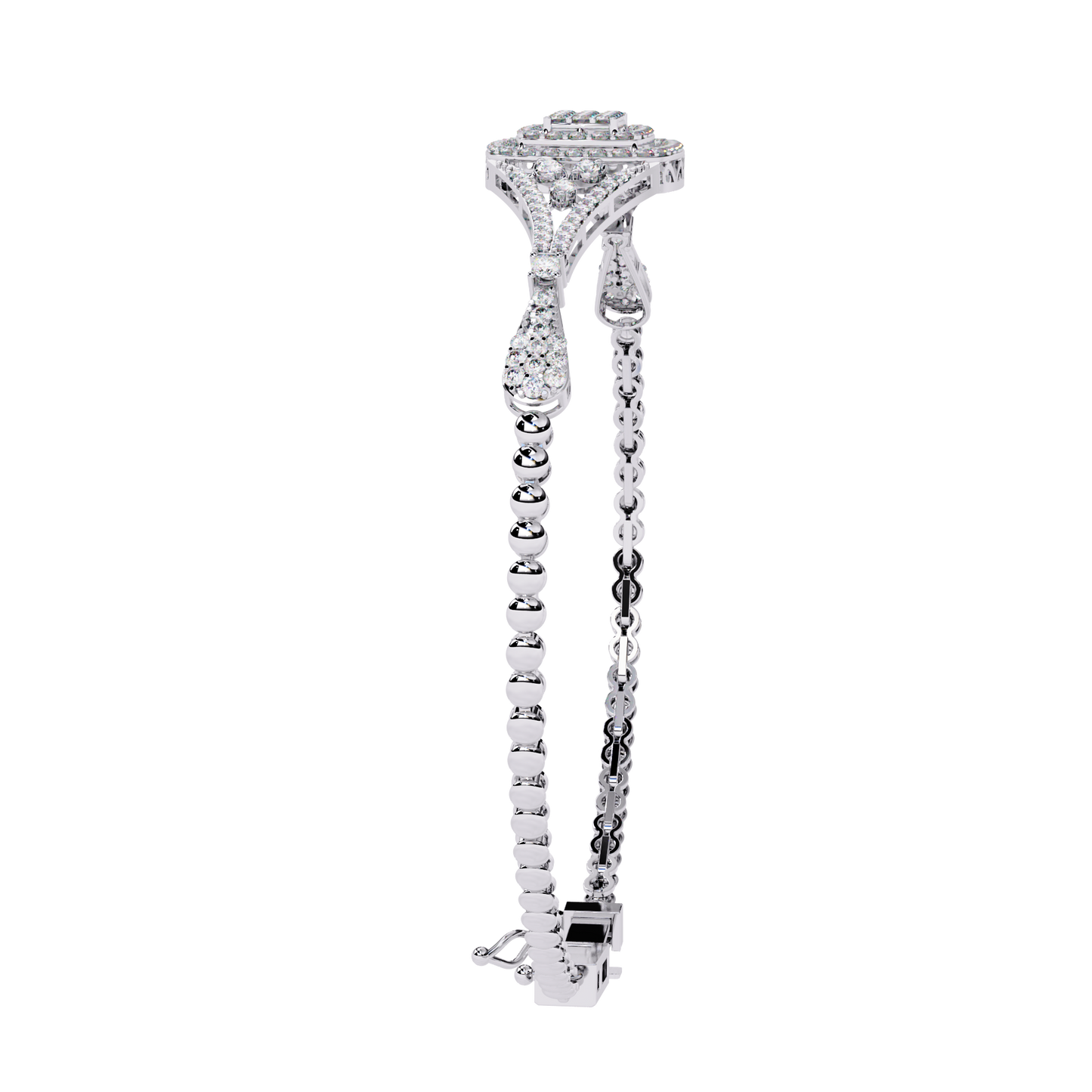 Side profile of vintage style diamond cuff bracelet with secure clasp