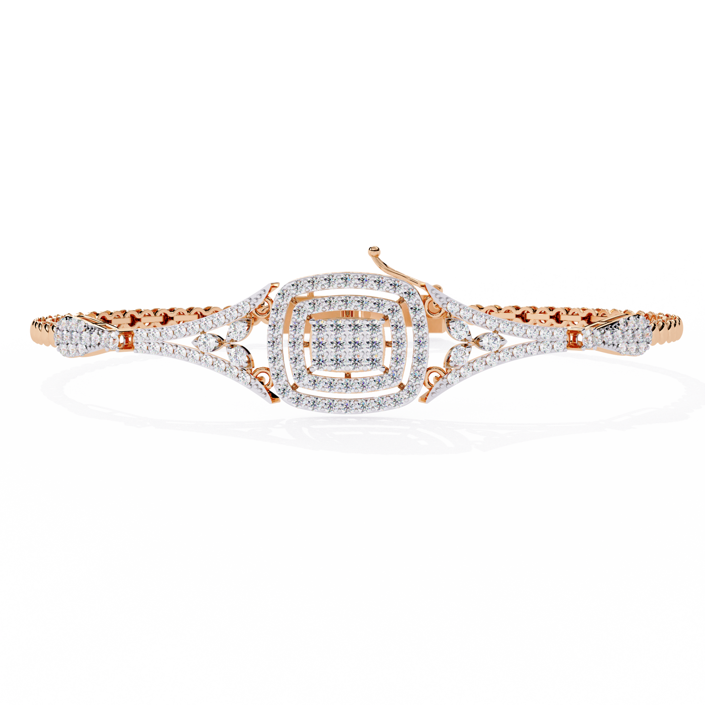 Rose gold lab diamond cuff bracelet with square center cluster setting