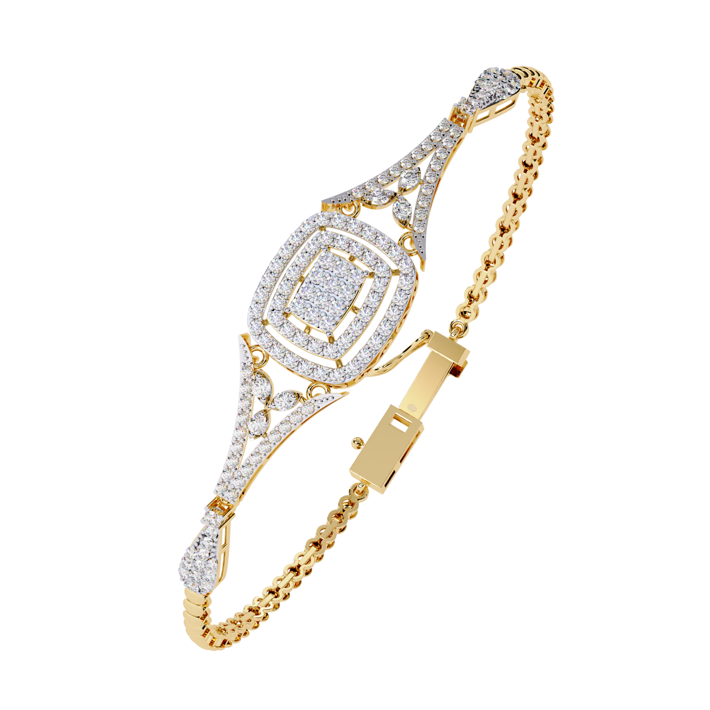 Close up of layered pave lab diamonds on vintage cuff bracelet