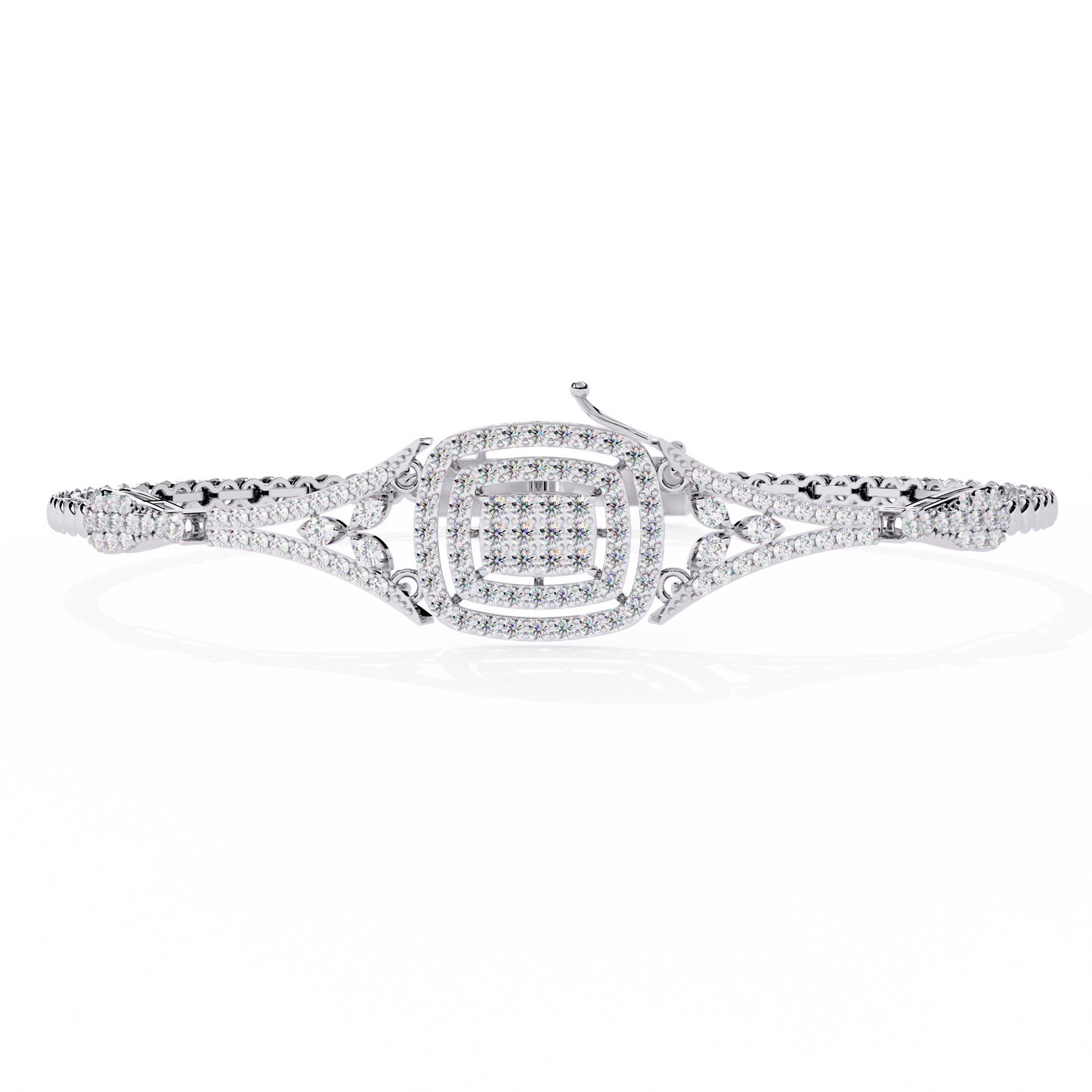 Front view of vintage style lab grown diamond cuff bracelet in white gold