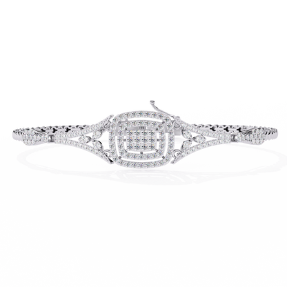 Front view of vintage style lab grown diamond cuff bracelet in white gold