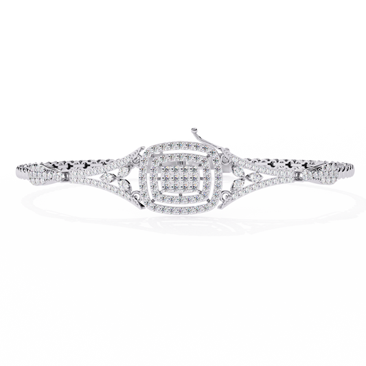 Front view of vintage style lab grown diamond cuff bracelet in white gold