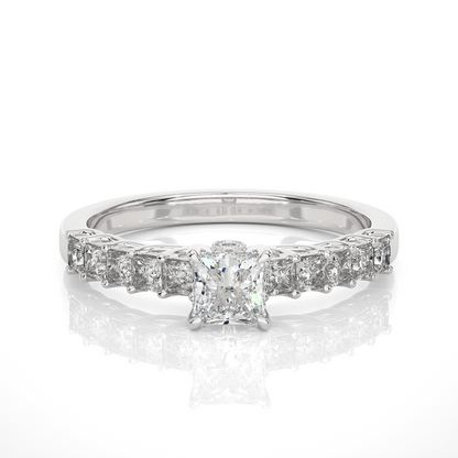Princess & Round Cut Lab grown Diamond Ring , 14K white Gold Round Side Stone Ring For Her
