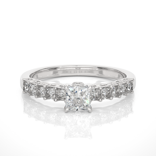 Princess & Round Cut Lab grown Diamond Ring , 14K white Gold Round Side Stone Ring For Her