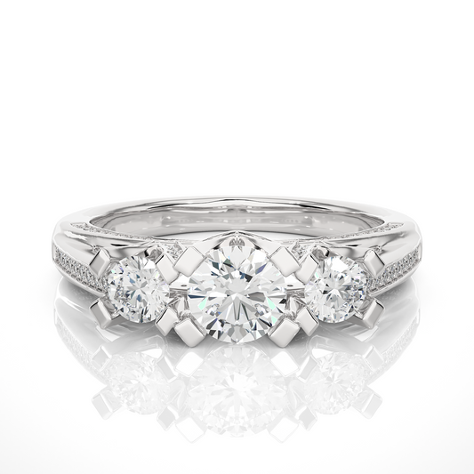 1.19 Ct Round Cut Lab grown Diamond Ring Three stone And Pave and Side Stone wedding Ring For Her