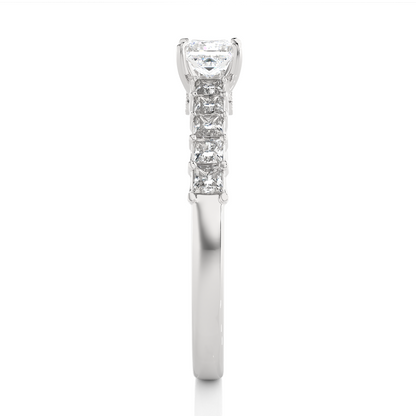 Princess & Round Cut Lab grown Diamond Ring , 14K white Gold Round Side Stone Ring For Her