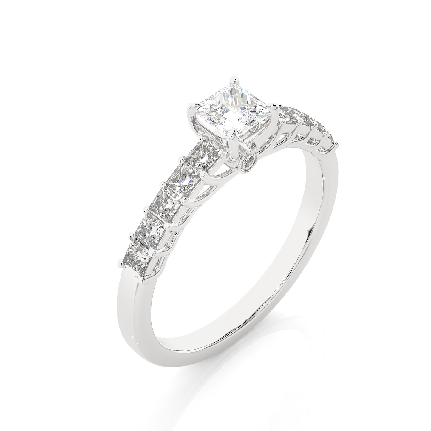 Princess & Round Cut Lab grown Diamond Ring , 14K white Gold Round Side Stone Ring For Her